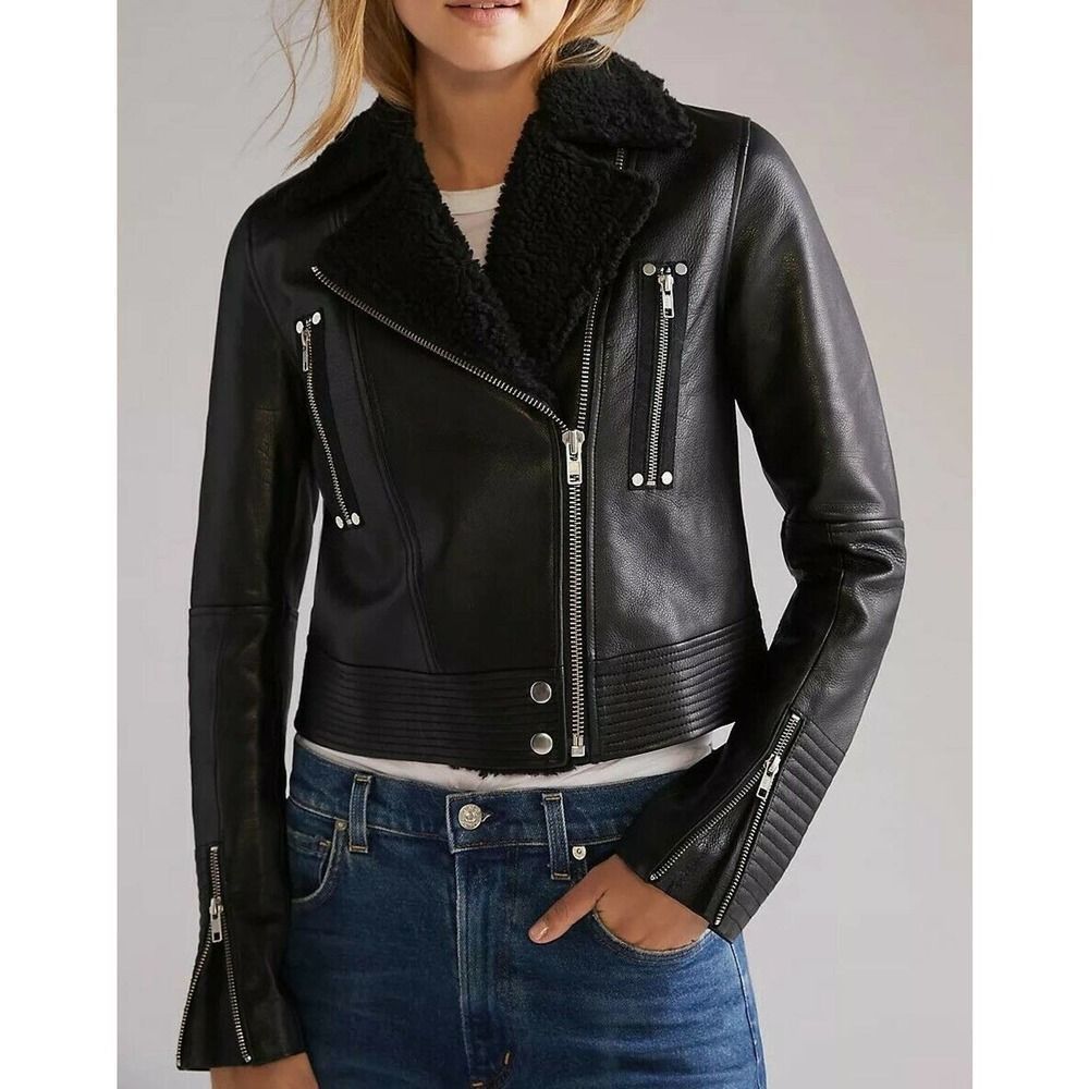 New NWT Women's Paige Rooney Leather Moto Jacket M Shearling trimmed Black